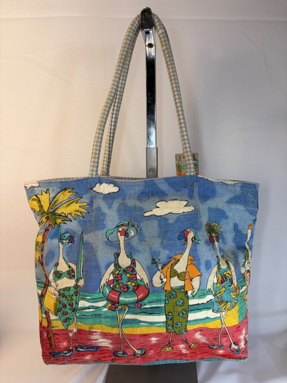 Vintage Ann Ousby Quasby Beach Tote Bag Blue Goose Gingham Strap
